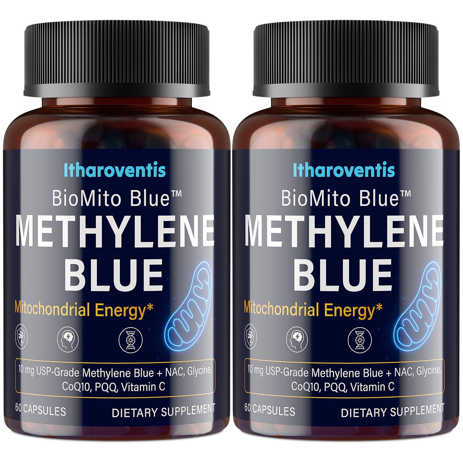 Itharoventis Methylene Blue capsules in bottle for steady daily focus