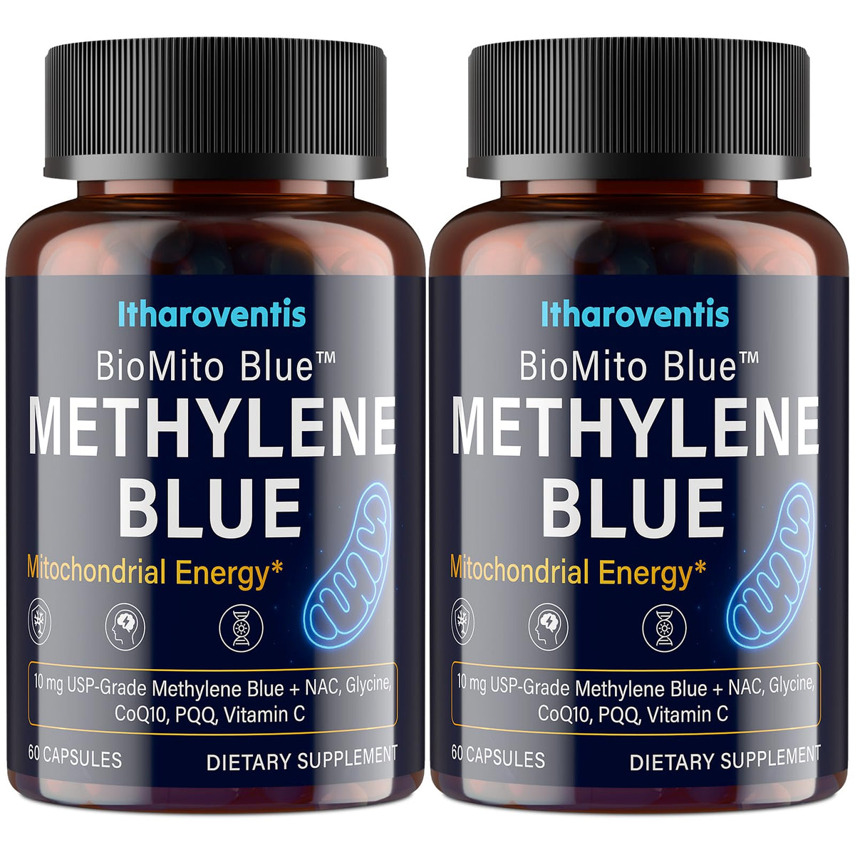 Itharoventis Methylene Blue capsules in bottle for steady daily focus