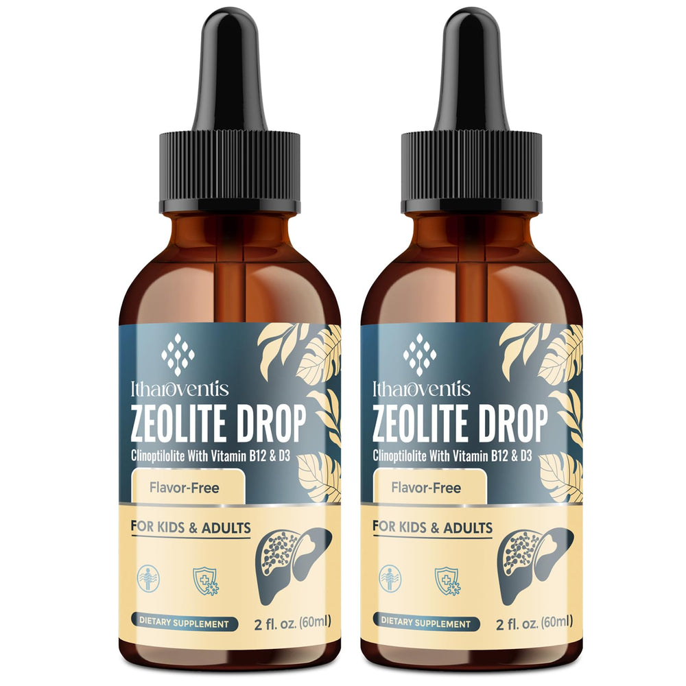 Itharoventis Zeolite Detox Liquid Drops bottle being poured for easy daily use.