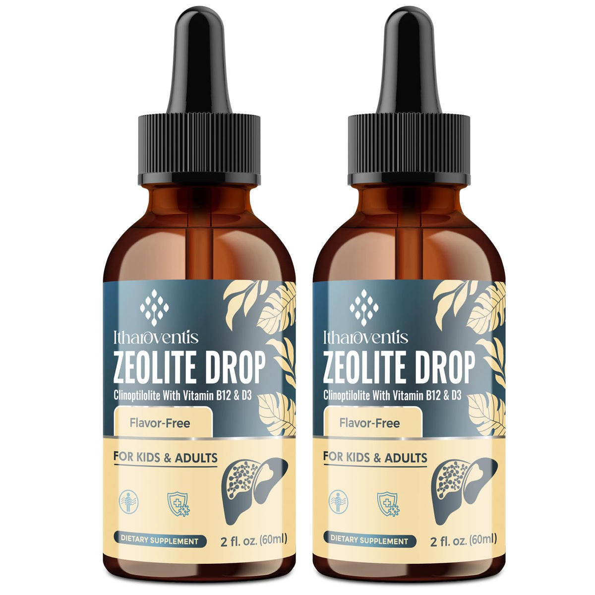 Itharoventis Zeolite Detox Liquid Drops bottle being poured for easy daily use.