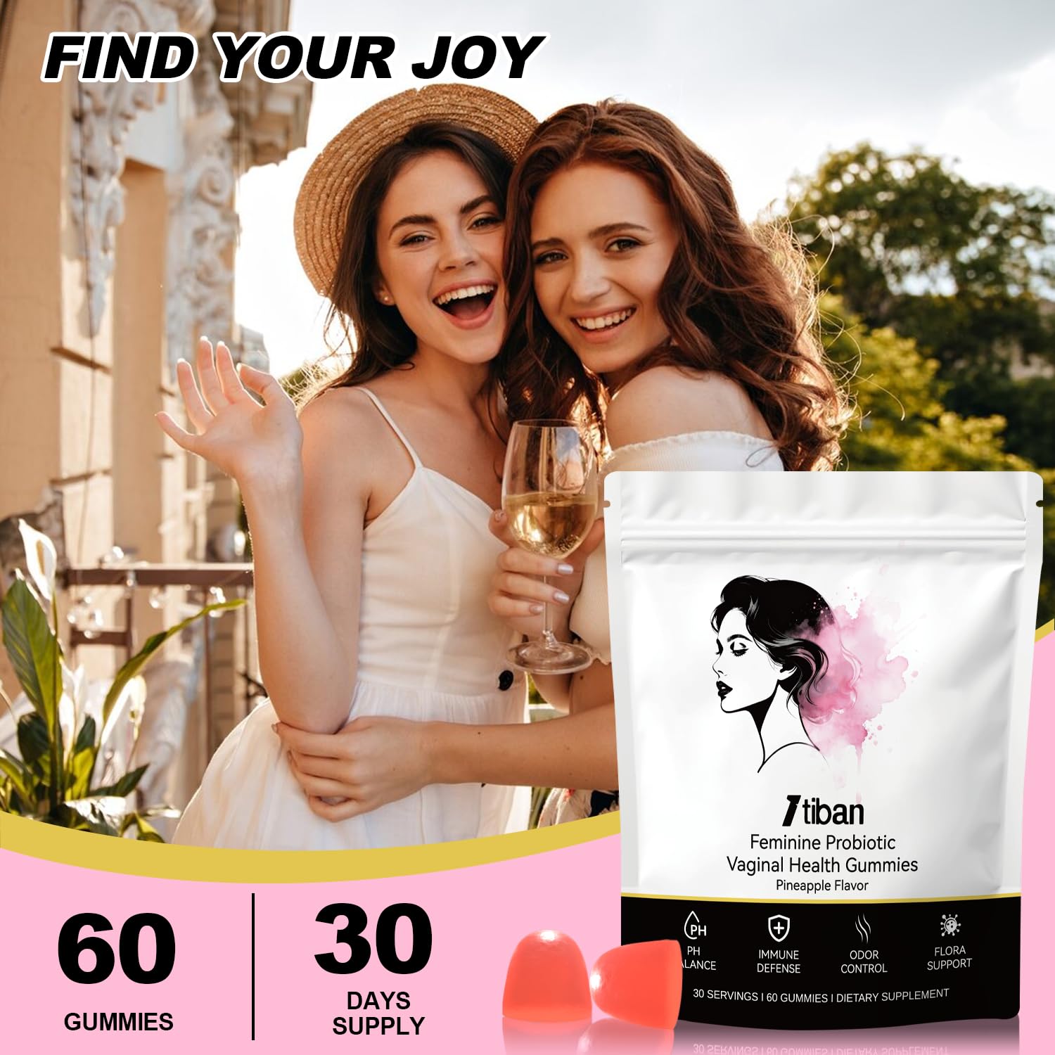 Itiban pineapple-flavored gummies highlighting antioxidant Vitamin C and flavor.