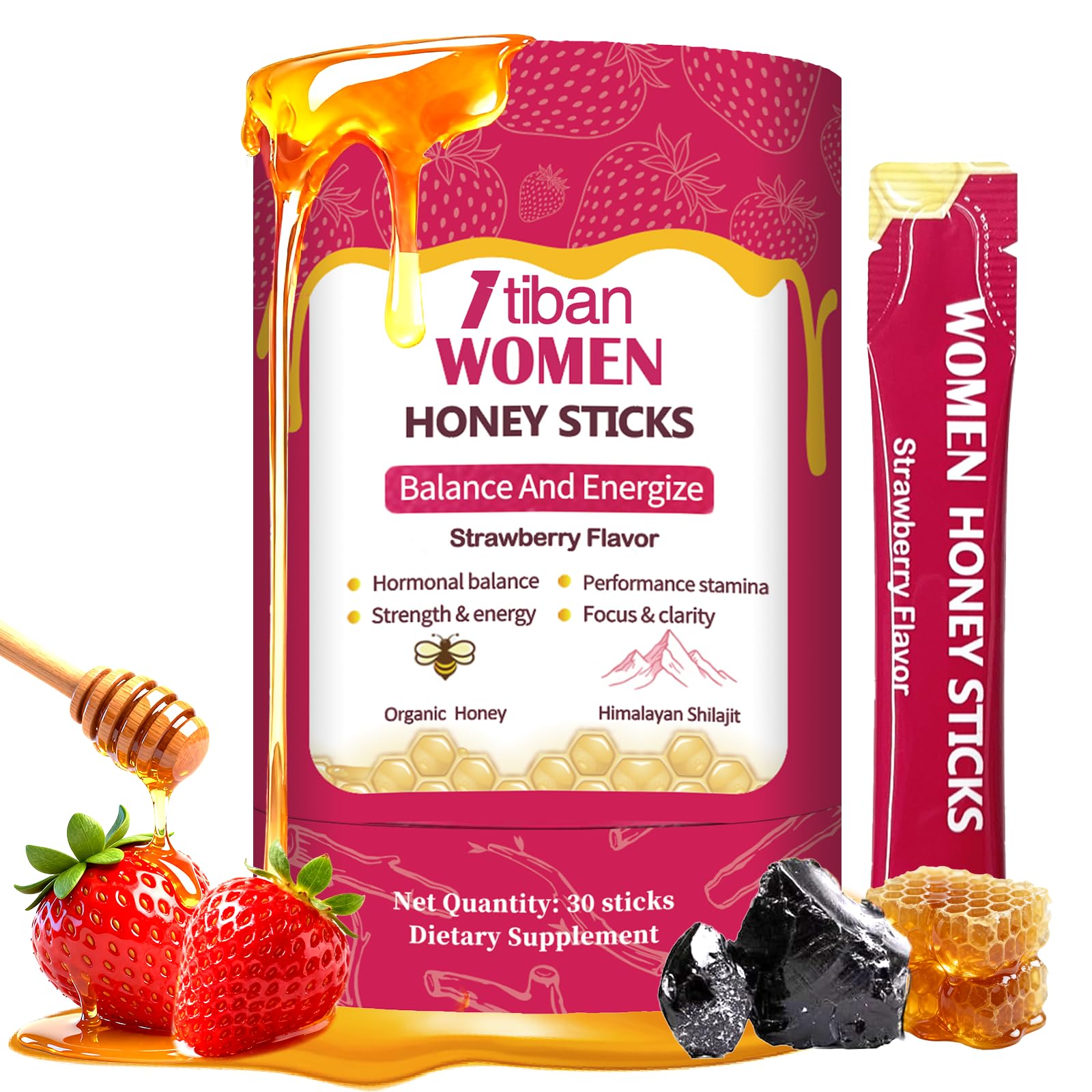 Itiban Shilajit Honey Sticks strawberry pack—convenient daily energy support.
