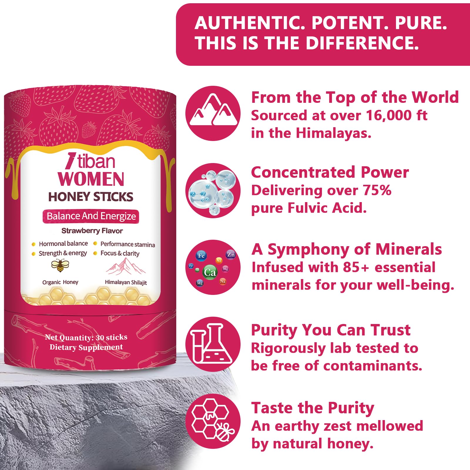 Itiban Shilajit Honey Sticks strawberry—stir into tea for a balanced daily ritual.