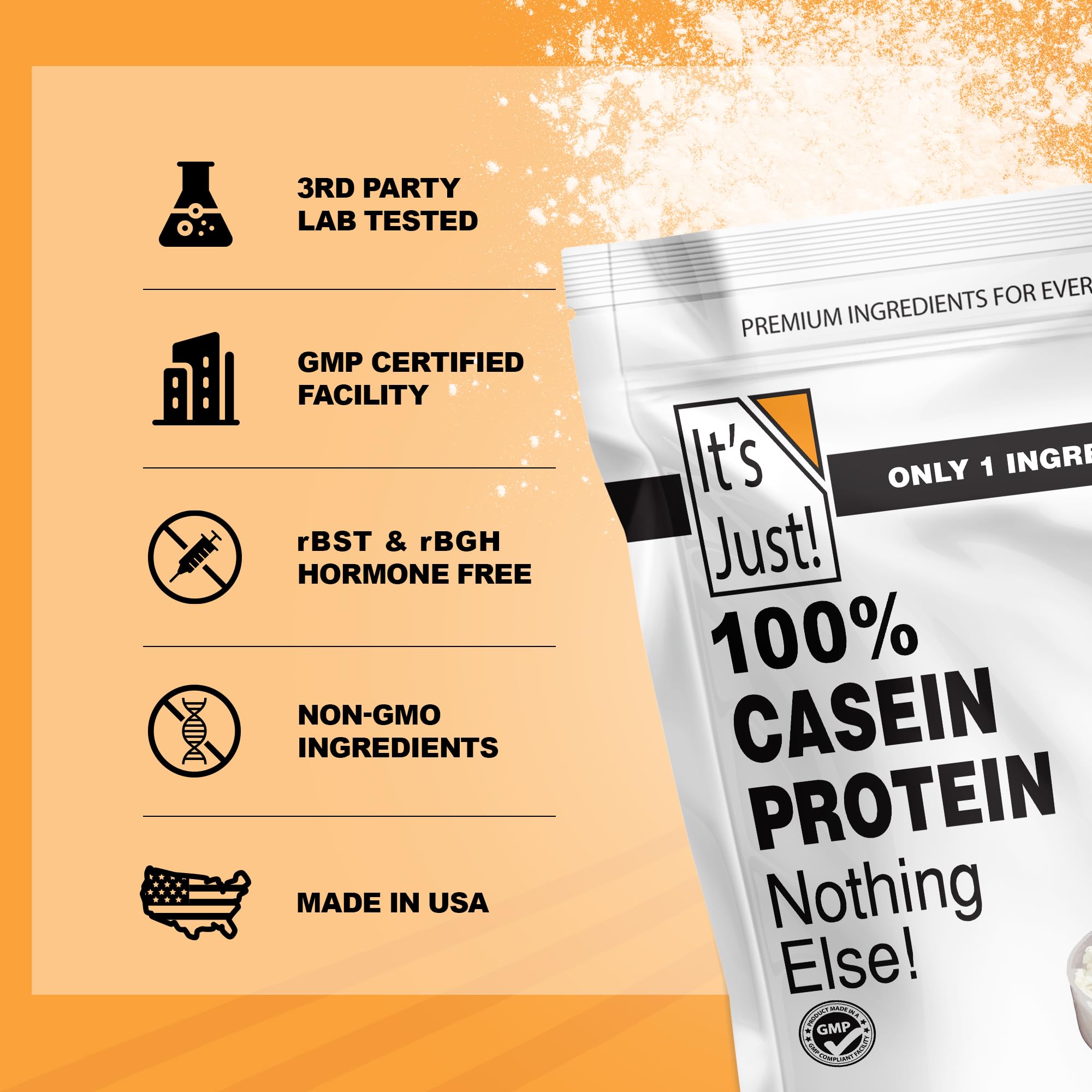 It's Just! casein unflavored bag signals non-GMO, single-ingredient quality