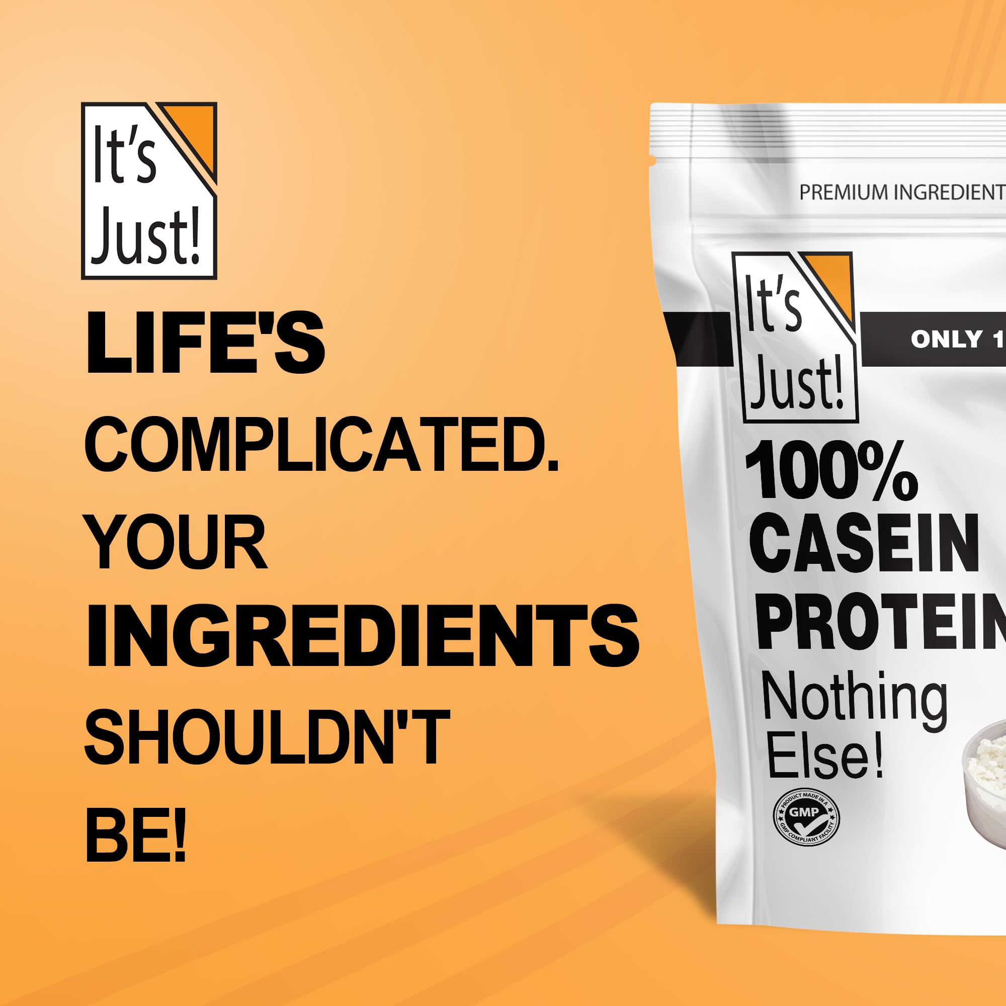 It's Just! casein label close-up shows 3 lb bag and 6.9 g BCAAs