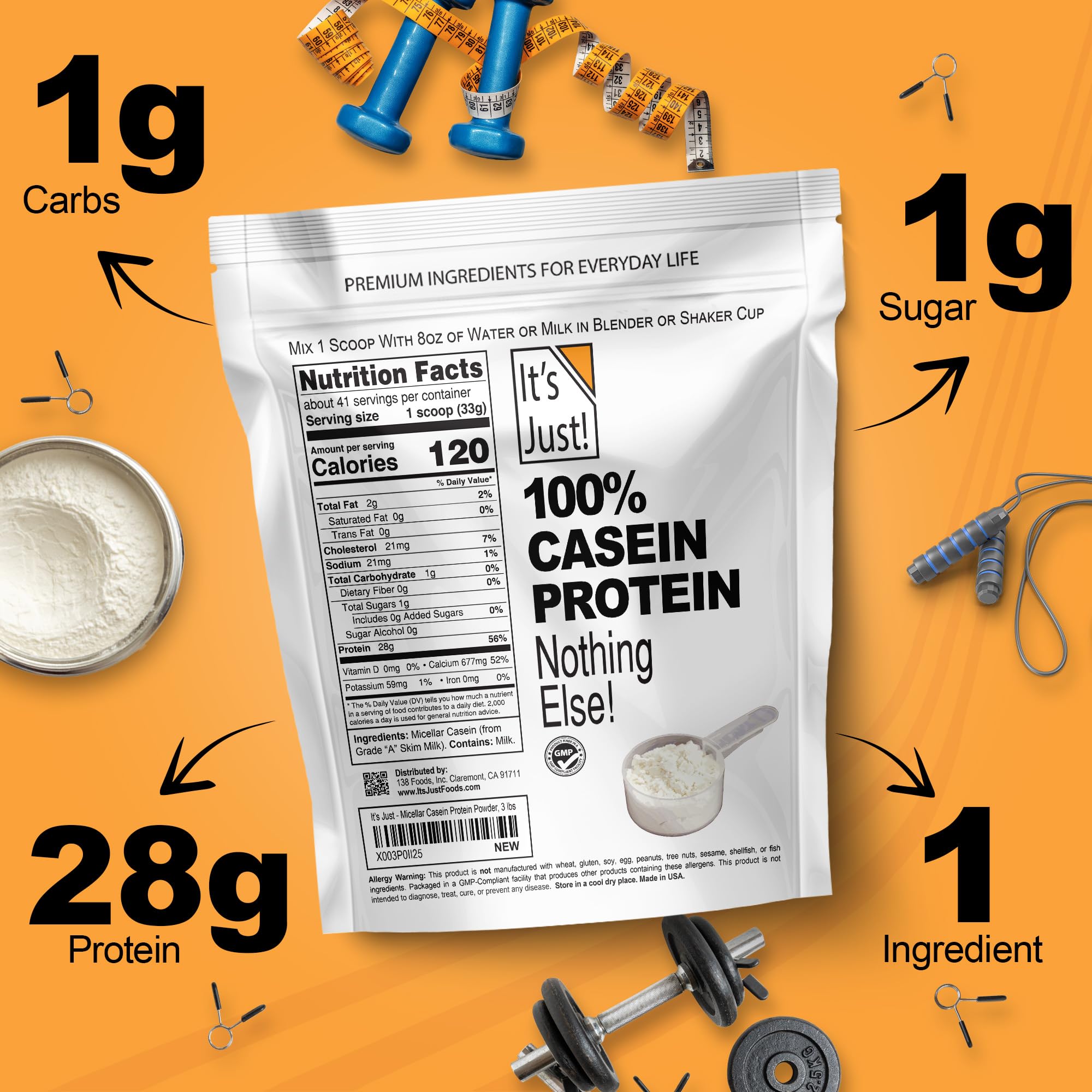 It's Just! micellar casein powder scoop beside glass conveys protein supply