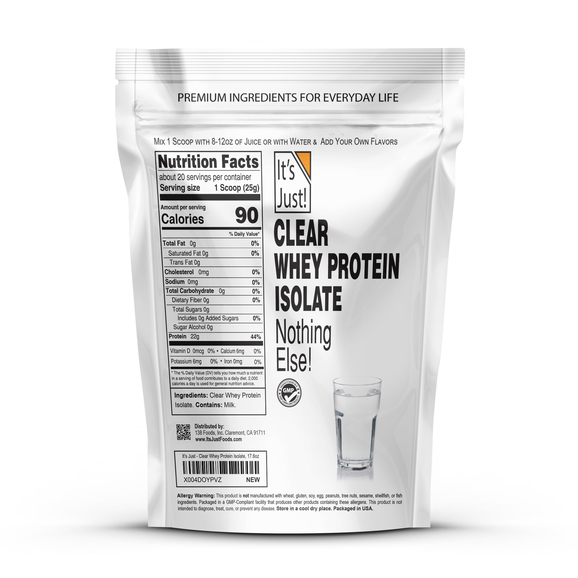 It's Just! Clear Whey Isolate mixed in water for a light, clear shake.