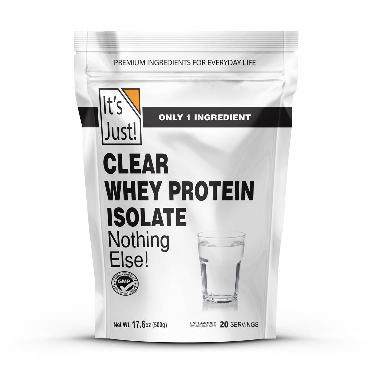 It's Just! Clear Whey Isolate powder poured into a glass for a clean protein boost.