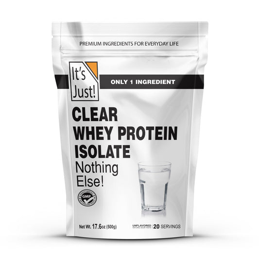 It's Just! Clear Whey Isolate powder poured into a glass for a clean protein boost.