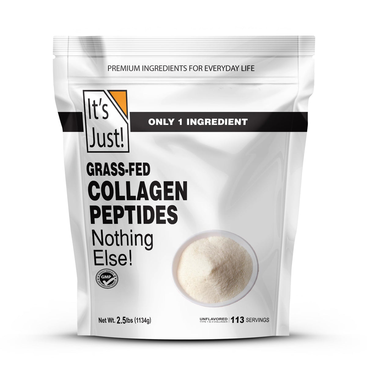 It's Just! collagen peptides bottle highlighting grass-fed source for skin and joints.