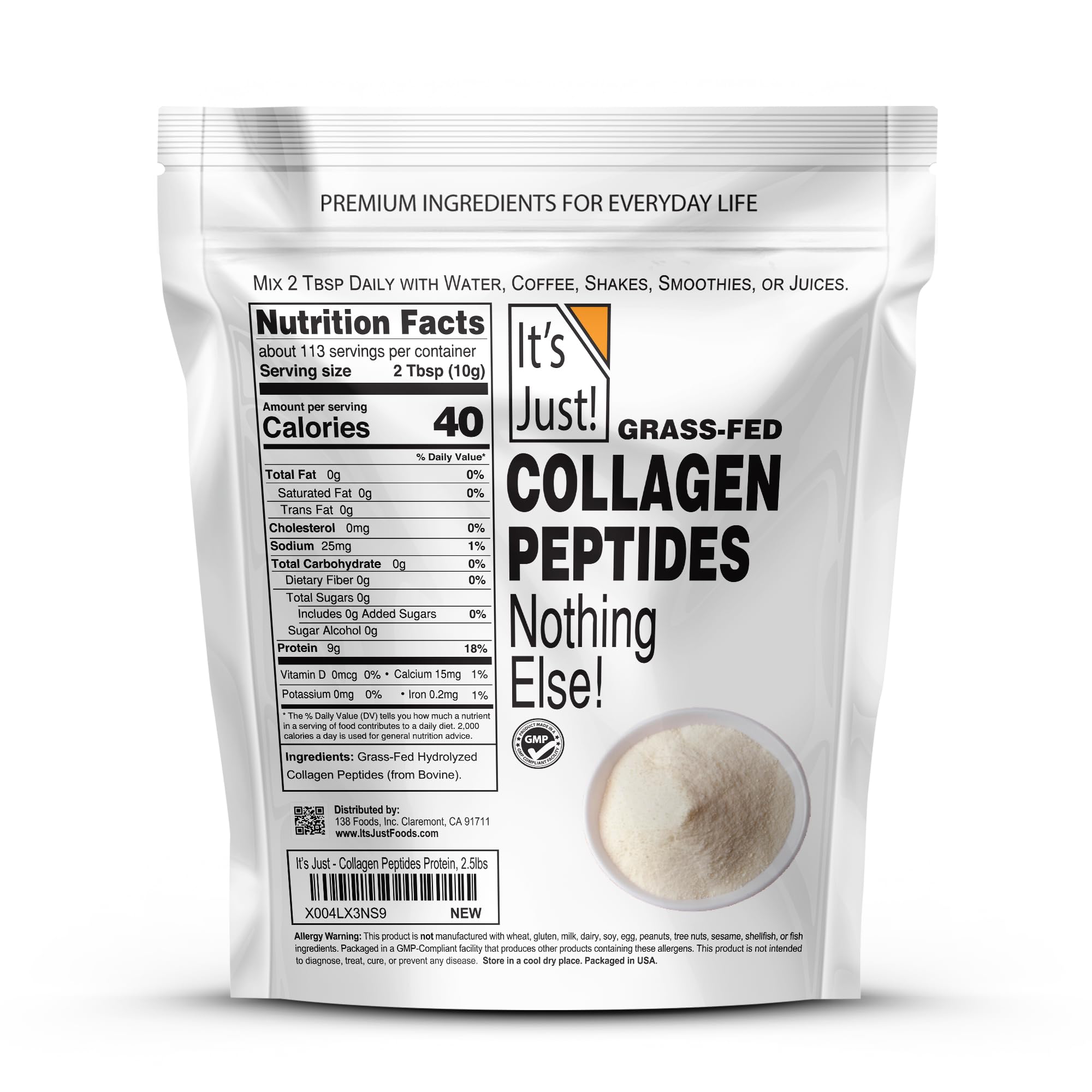 It's Just! collagen peptides pouring into a glass for easy mixing in hot or cold drinks.