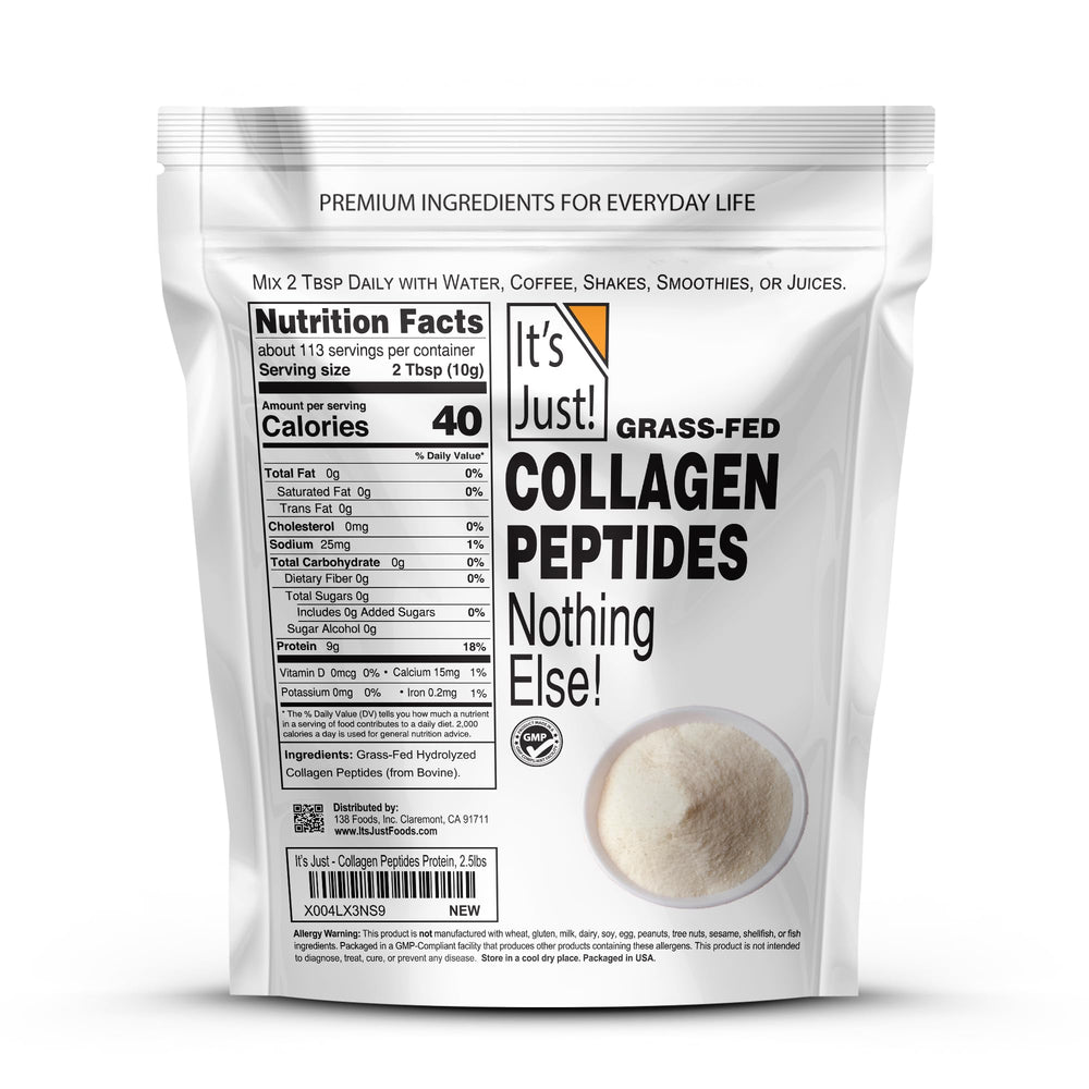 It's Just! collagen peptides pouring into a glass for easy mixing in hot or cold drinks.