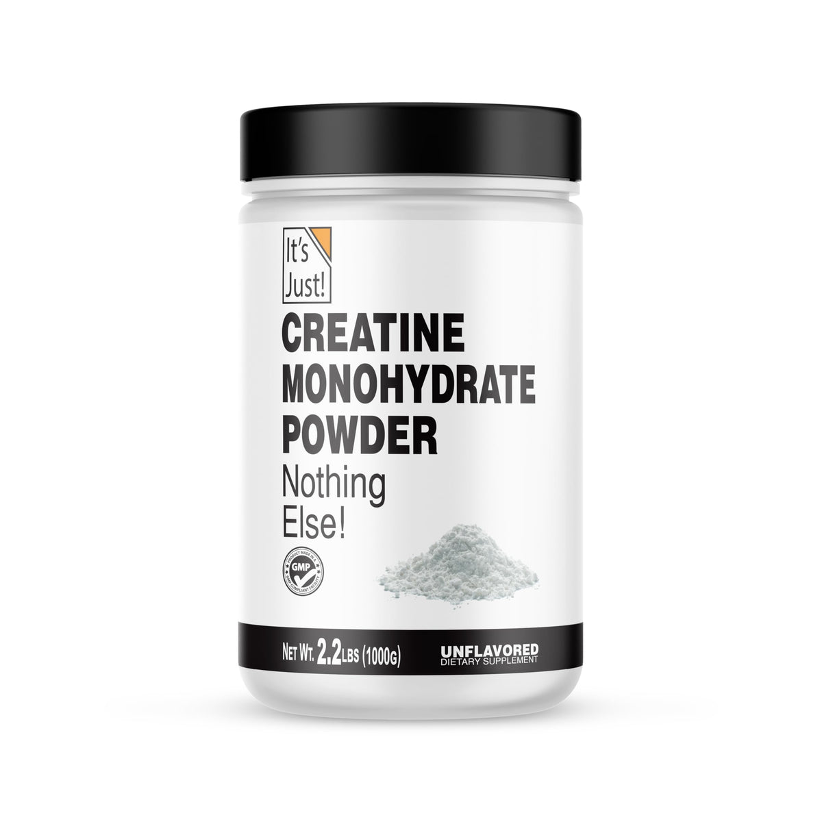 It's Just! Creatine Monohydrate powder bottle, pure and lab-tested for reliable daily workouts.