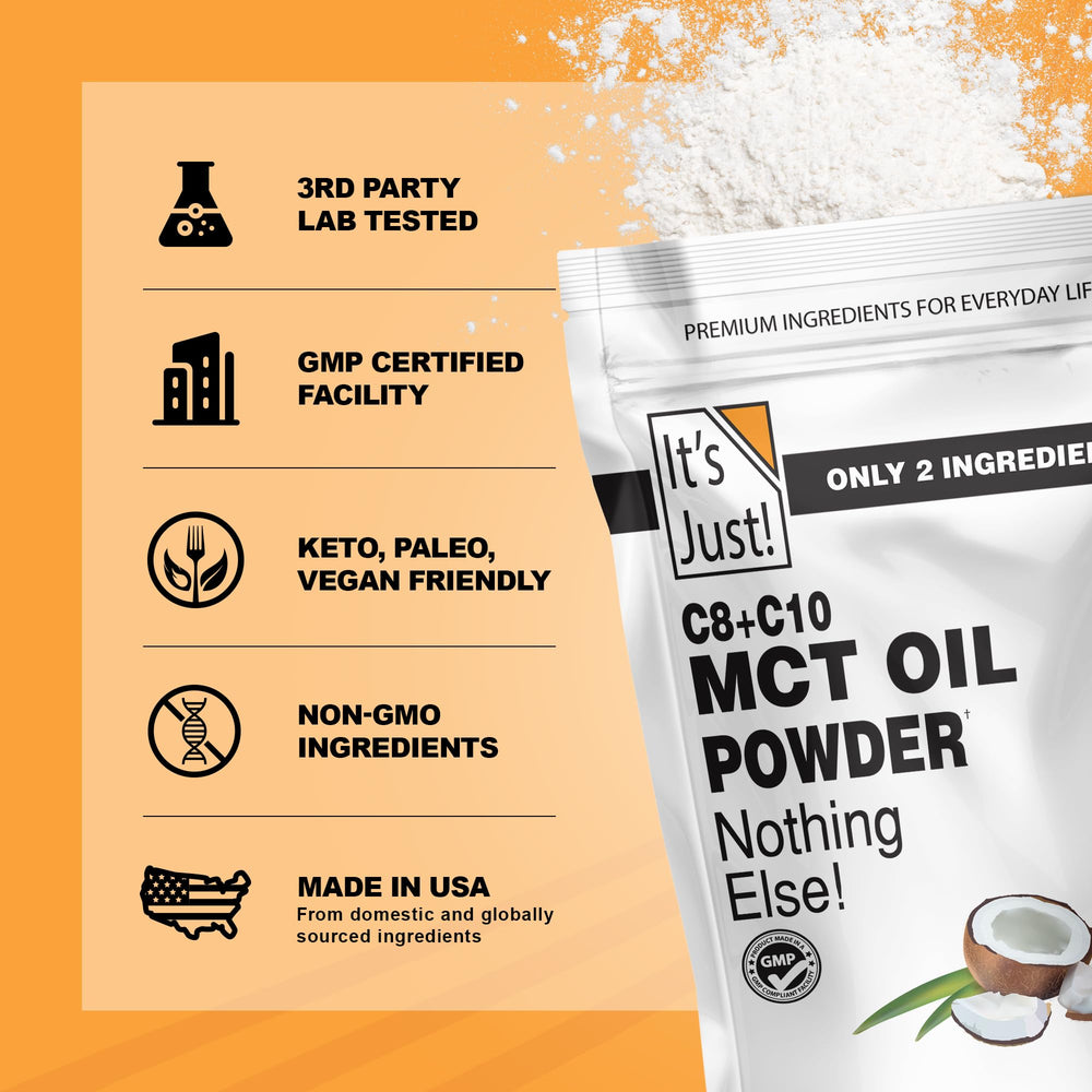 It's Just! MCT Oil Powder non GMO coconut origin information label.