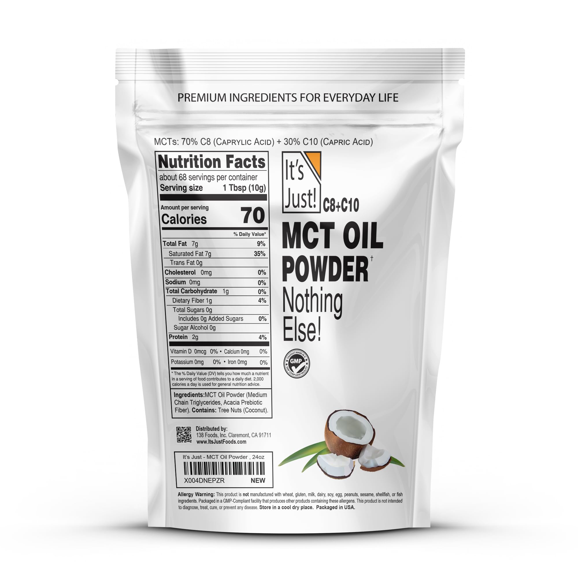 It's Just! MCT Oil Powder pour highlights prebiotic fiber for digestion.