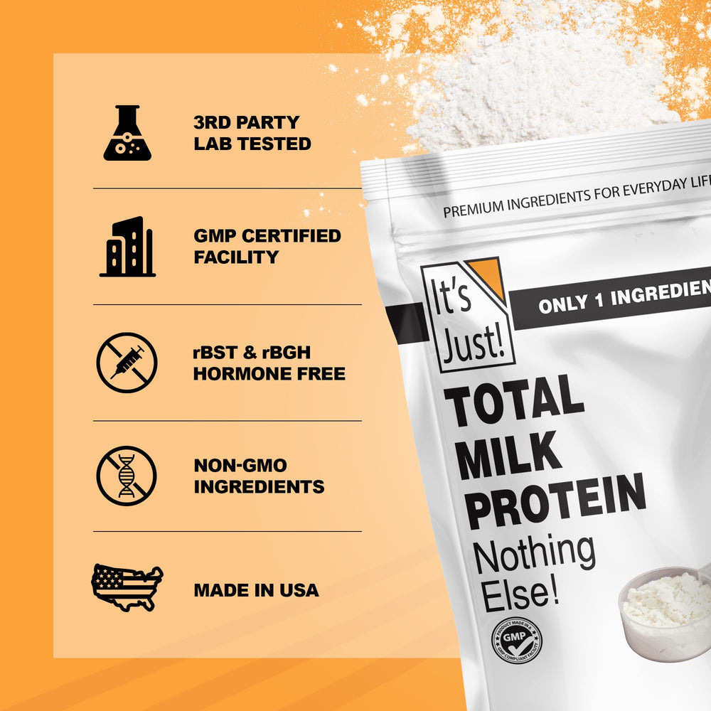 It's Just! Total Milk Protein Concentrate powder label highlights purity with no added flavors