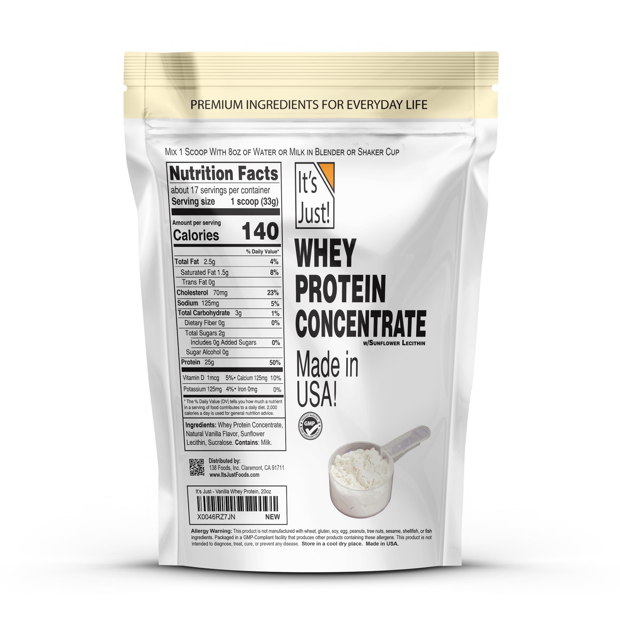 It's Just! whey protein USA-made label demonstrates premium quality and safety.