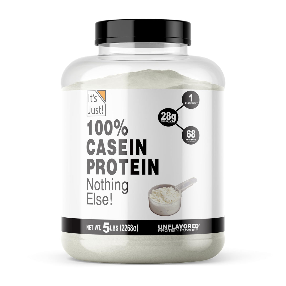 Its Just! unflavored casein powder bag emphasizing steady overnight protein support.