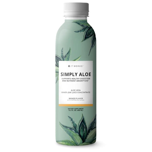 It Works! Simply Aloe Mango bottle promotes refreshing hydration for daily digestion support.