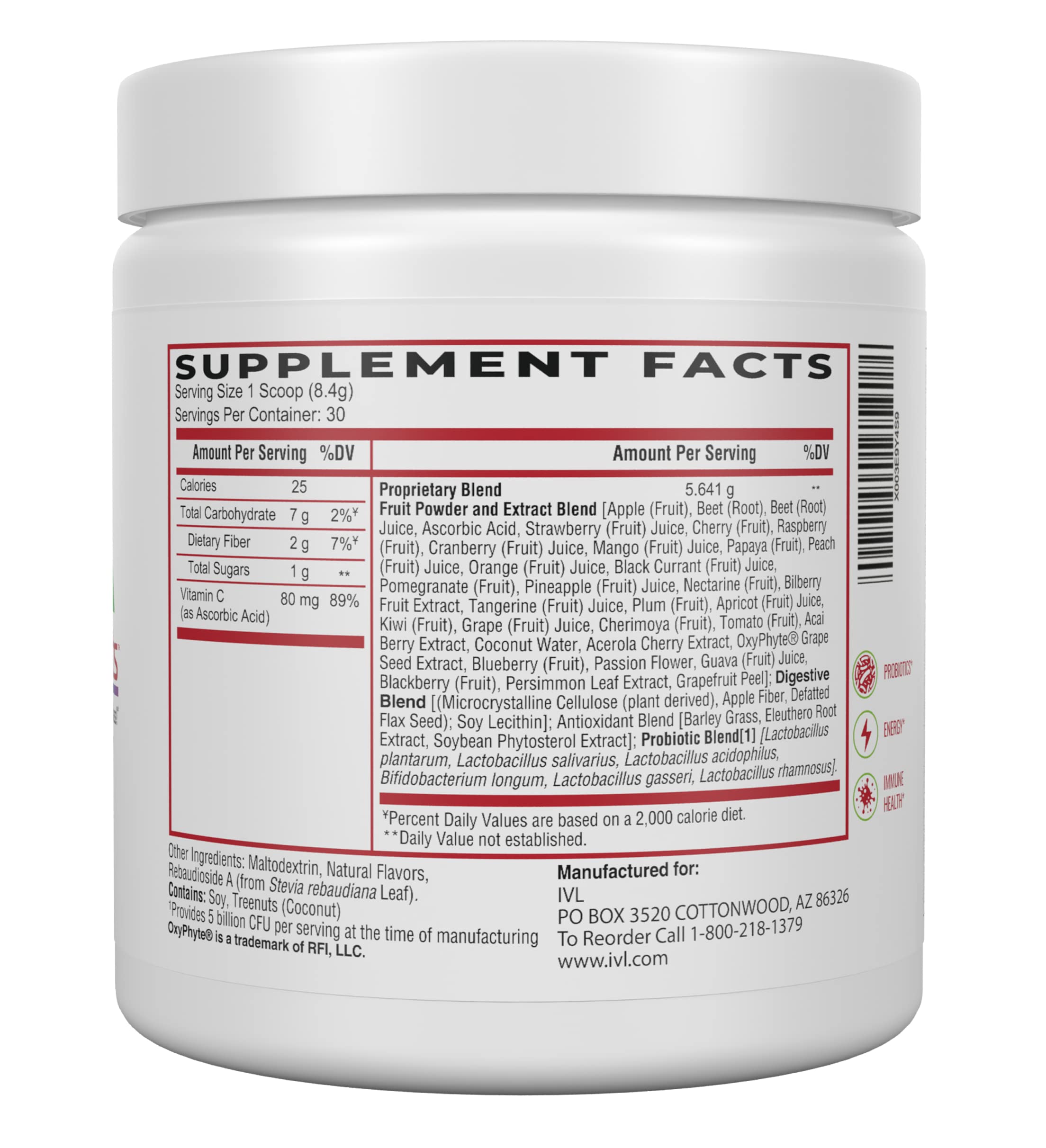 Scoop beside IVL Phyto Fruits canister illustrating convenient daily serving.