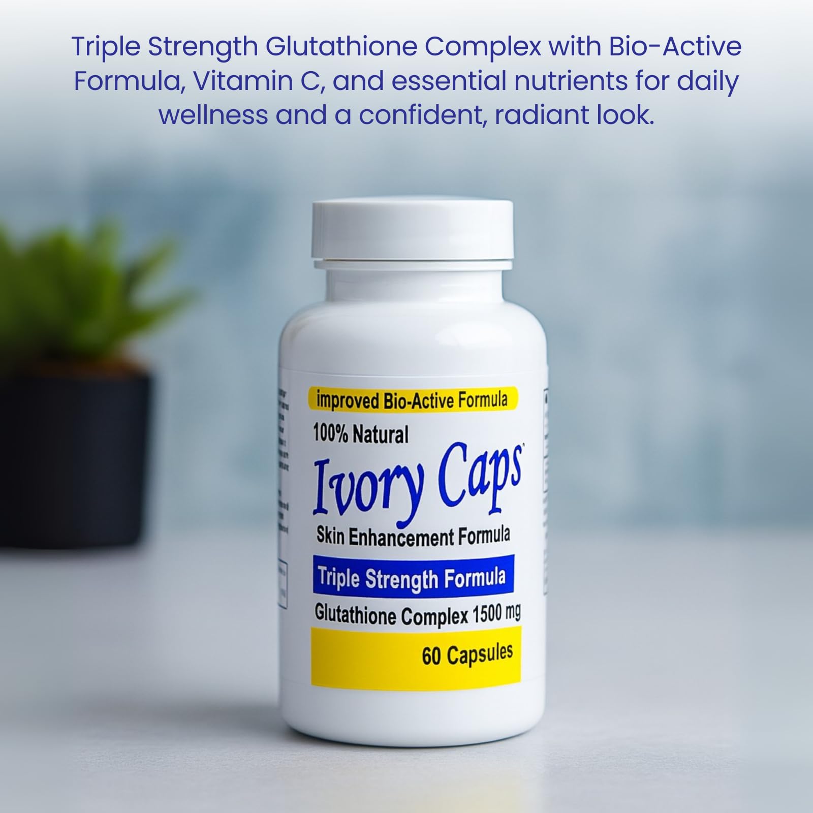 Ivory Caps vegan non-GMO label signals clean daily supplement for plant-based routines.