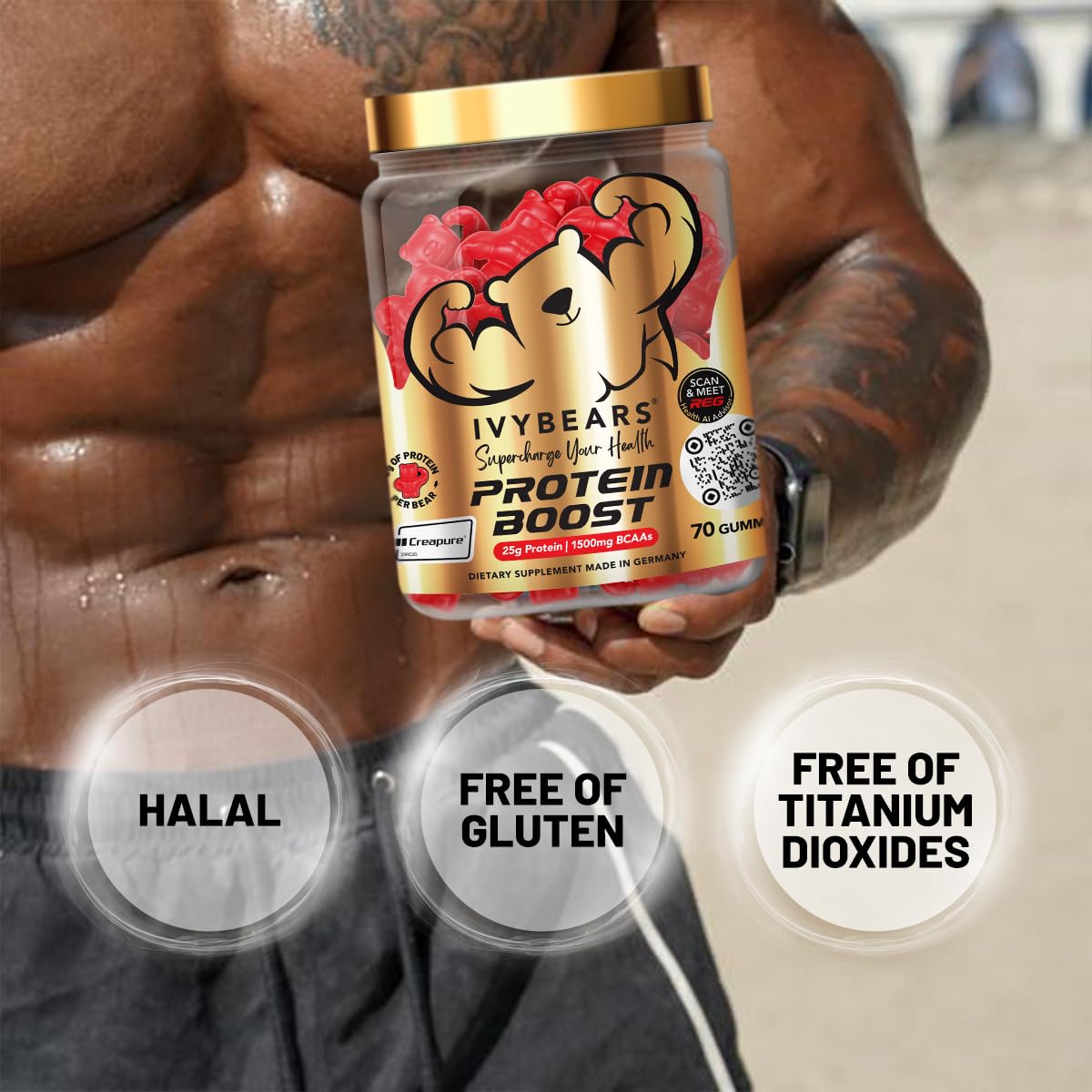 IvyBears Protein Boost Gummies closeup reveals chewy texture and protein-rich formula.