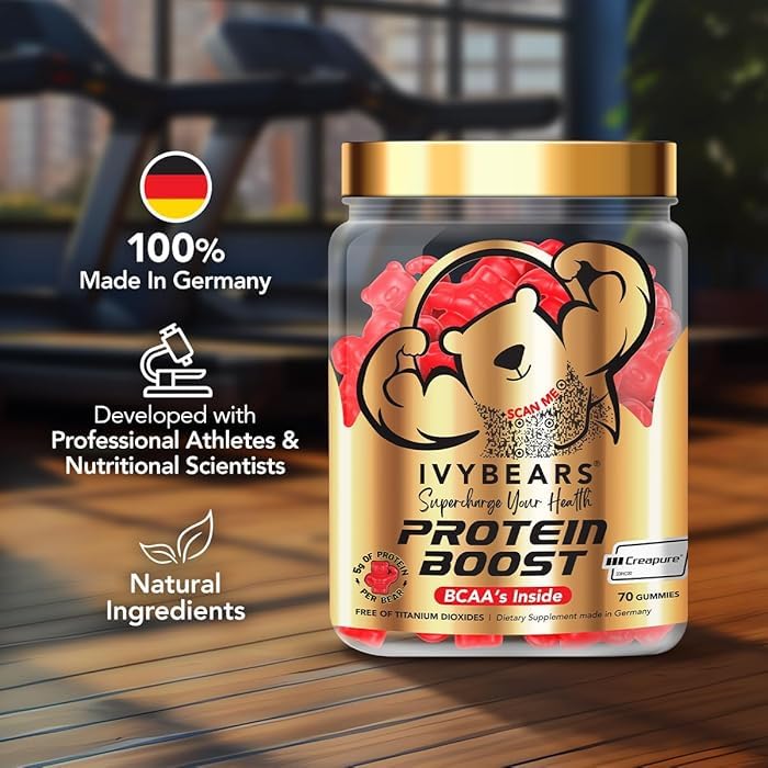IvyBears Protein Boost Gummies label shows 25g protein per serving and clean ingredients.