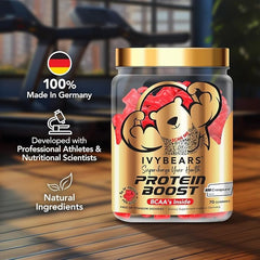 IvyBears Protein Boost Gummies label shows 25g protein per serving and clean ingredients.