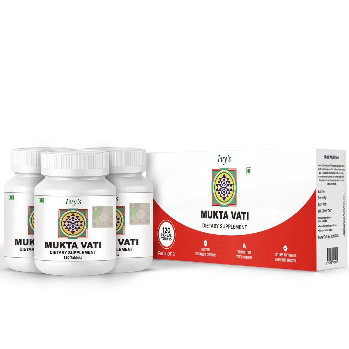 Ivy's Mukta Vati bottle front showing natural herbal formula for daily wellness.