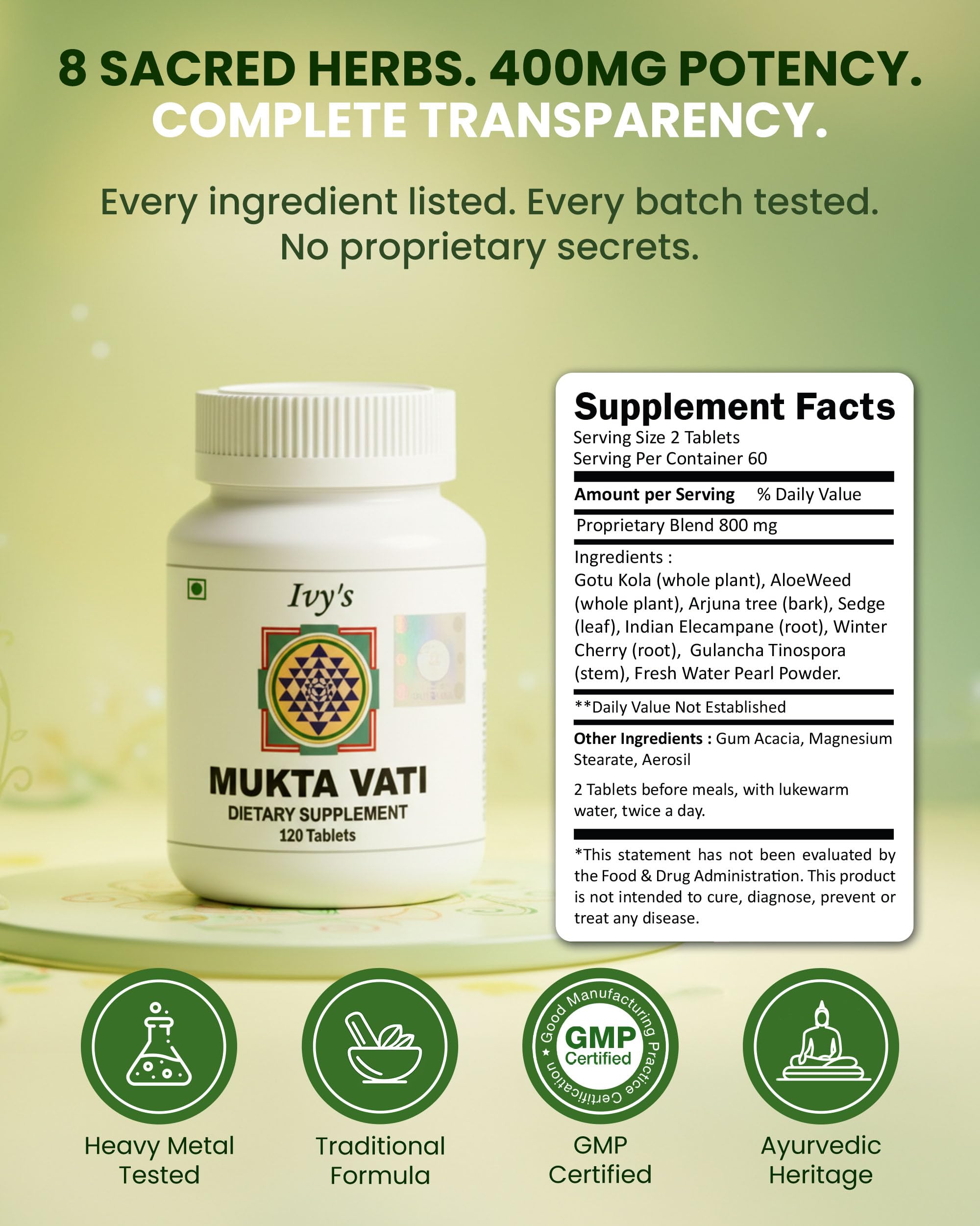 Talc-free Ivy's Mukta Vati label highlights purity