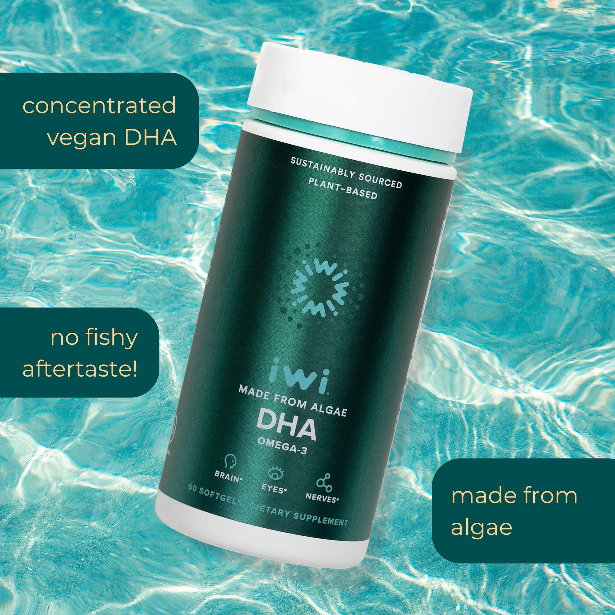Iwi DHA Omega-3 label highlights non-GMO vegan and gluten-free benefits.