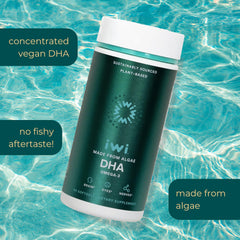 Iwi DHA Omega-3 label highlights non-GMO vegan and gluten-free benefits.