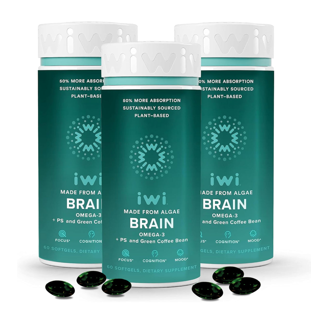Iwi Brain Omega-3 bottle with softgels for daily focus and mental clarity.
