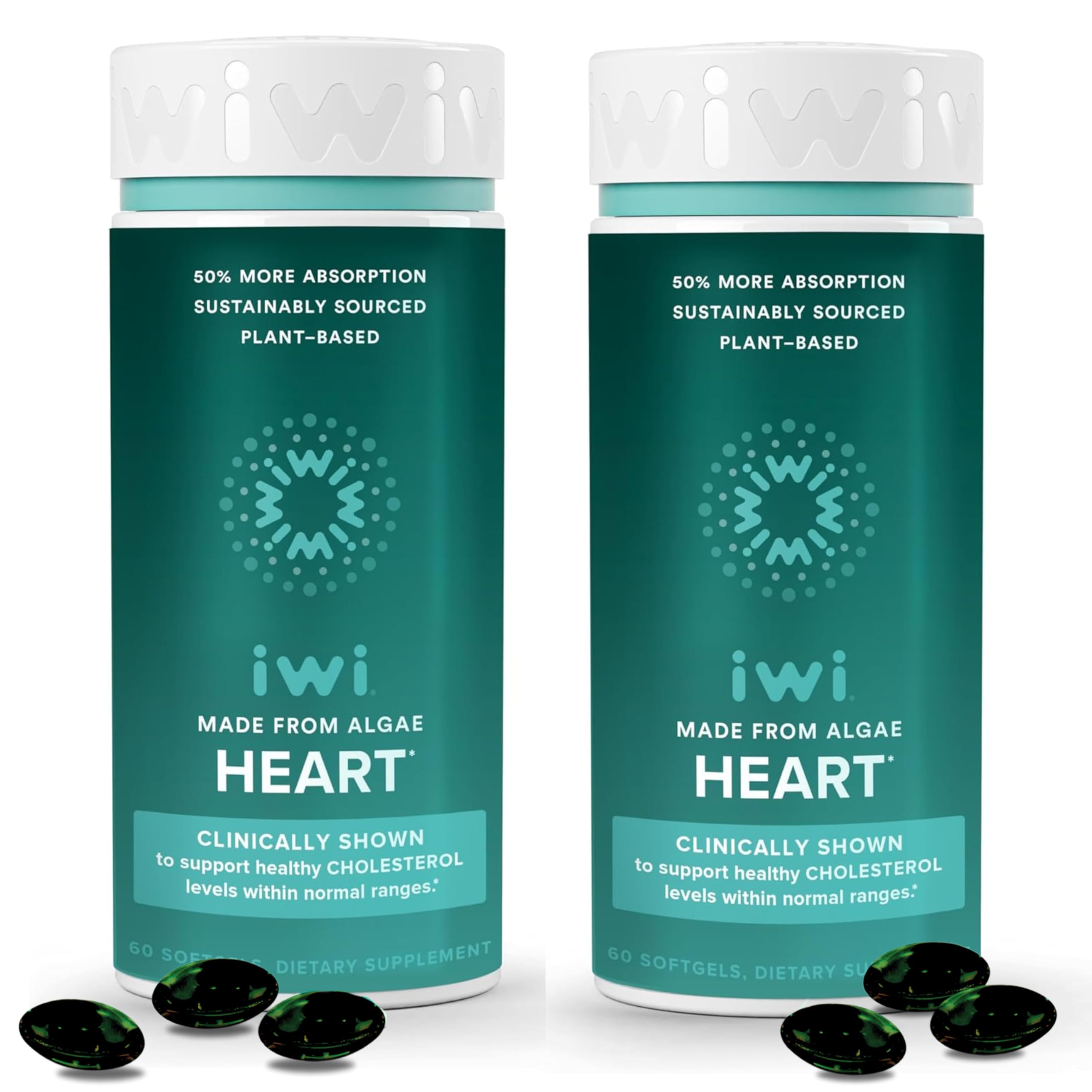 Iwi Life Heart Omega-3 softgels front view highlighting algae-based EPA.