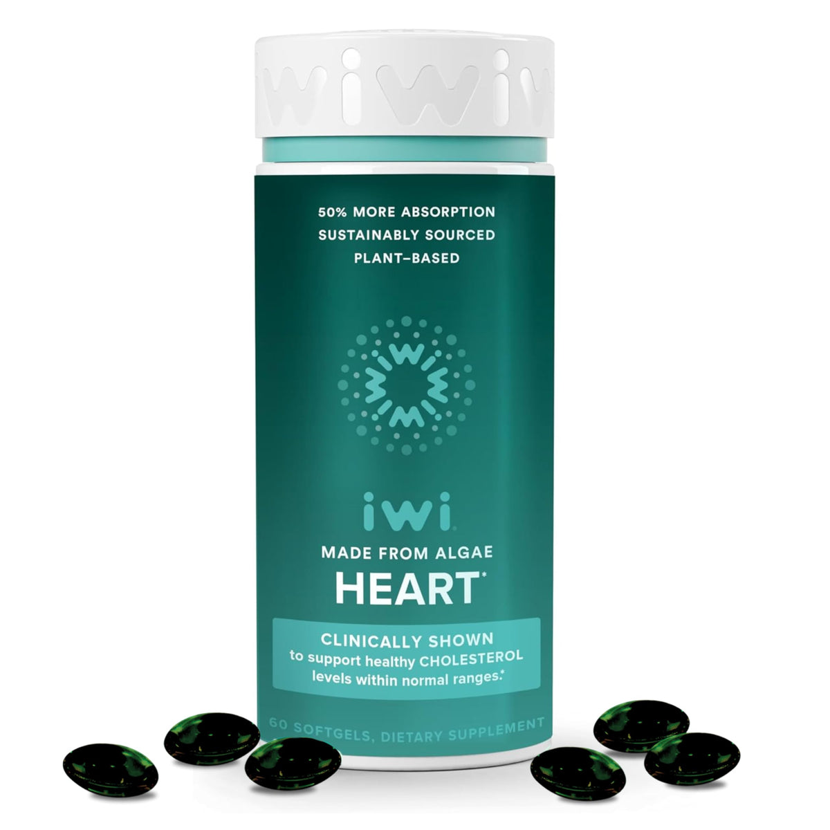 Iwi Life Heart Omega-3 bottle front shows vegan algae-based EPA for heart support.
