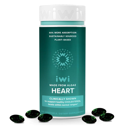 Iwi Life Heart Omega-3 bottle front shows vegan algae-based EPA for heart support.