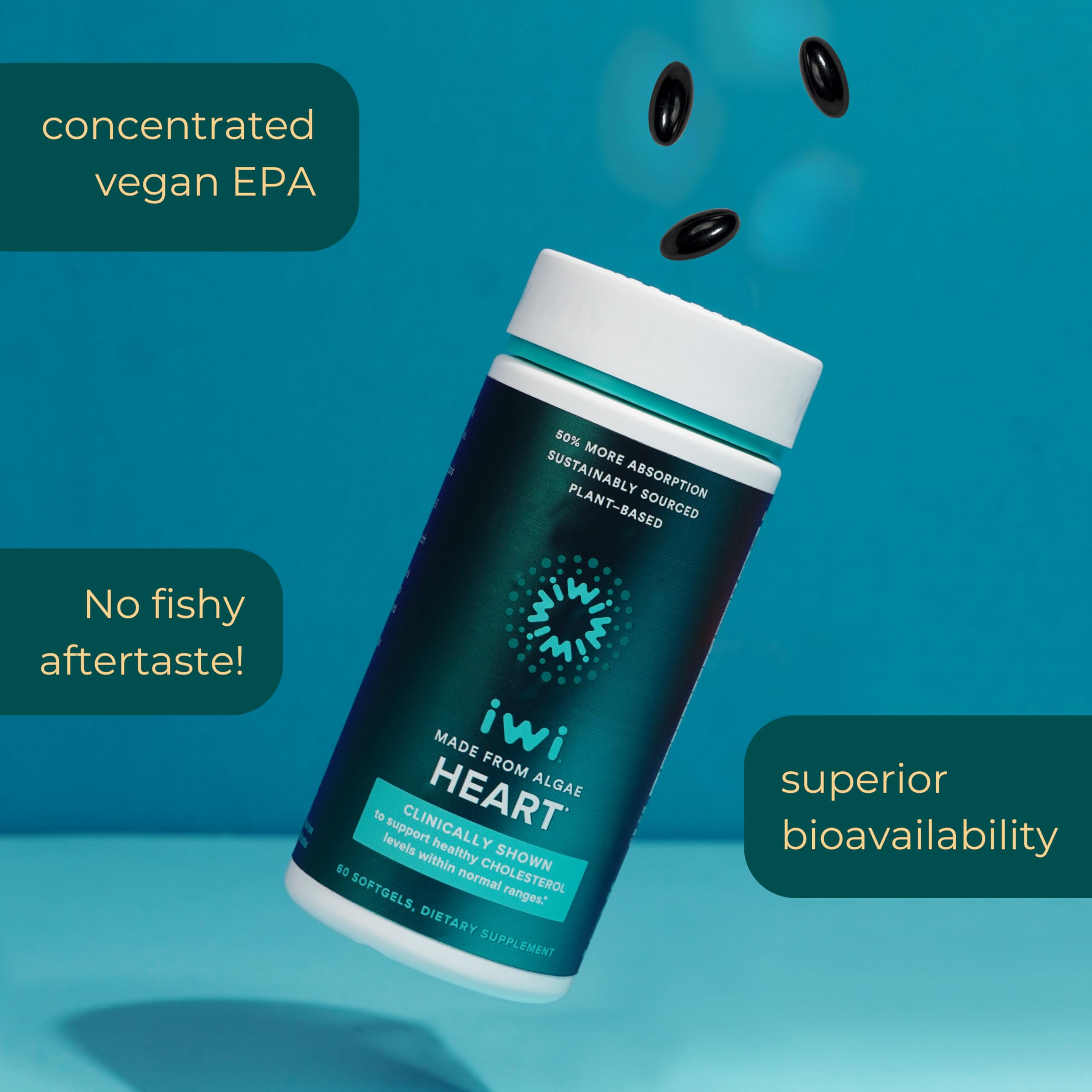 Close-up of Iwi Life Heart Omega-3 vegan capsules