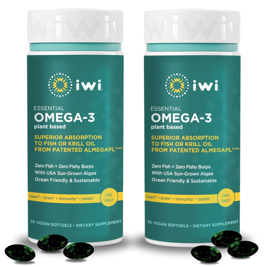 Iwi Omega-3 Essential bottle front highlights vegan algae-based omega-3 for daily heart and brain support