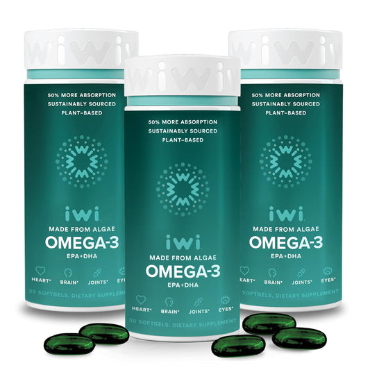 Iwi Omega-3 softgels bottle front; vegan algae source for potential heart and brain support