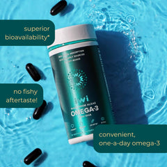Iwi Omega-3 softgels ingredients algae-sourcing image; sustainability and purity