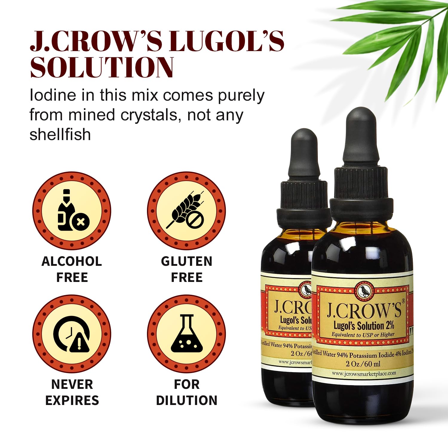 J.CROW'S Lugol's 2% label highlights concentration.