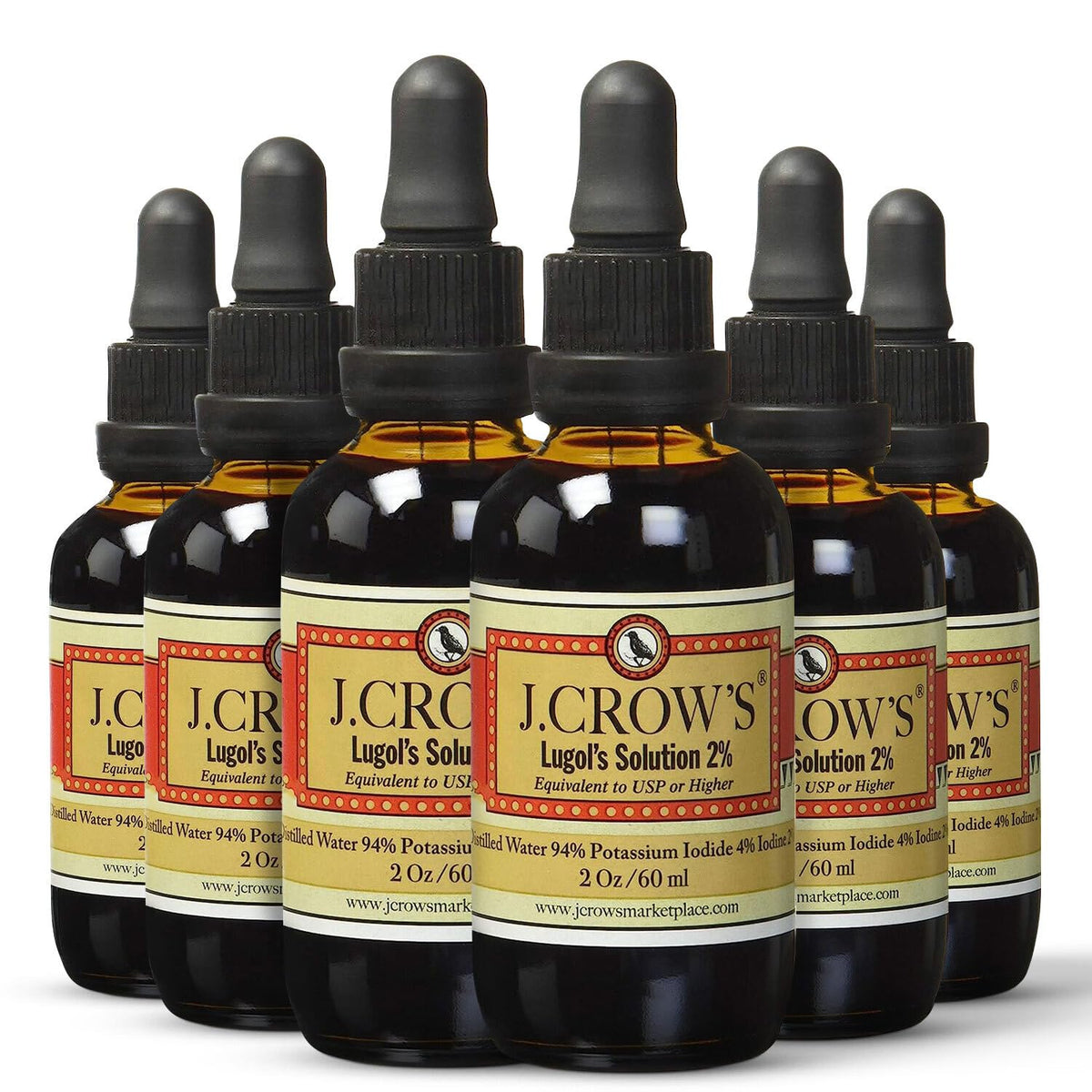 J.CROW'S Lugol's iodine bottle with dropper for precise dosing.