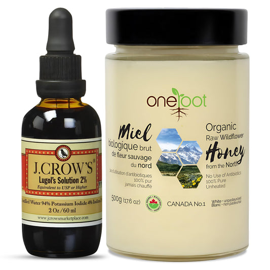 J. CROW'S Lugol's iodine solution organic bottle for daily supplementation.