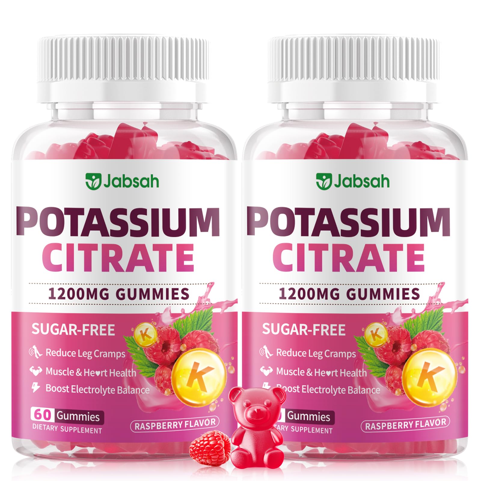 Jabsah Potassium Citrate Gummies bottle with raspberry flavor for daily support.