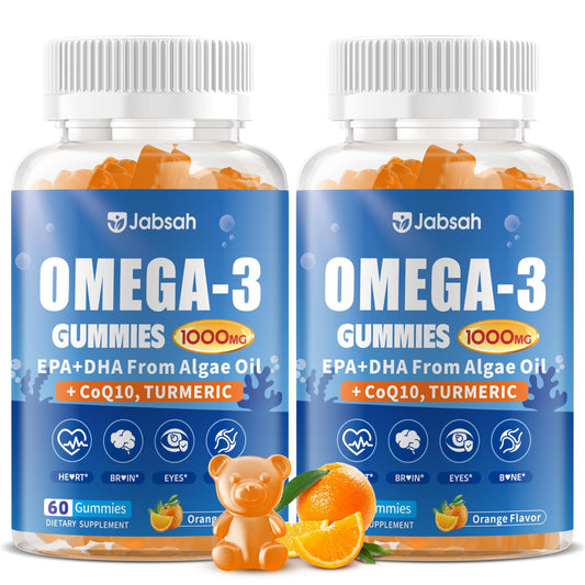 Jabsah vegan omega-3 gummies bottle showing algae-based DHA and EPA for daily wellness