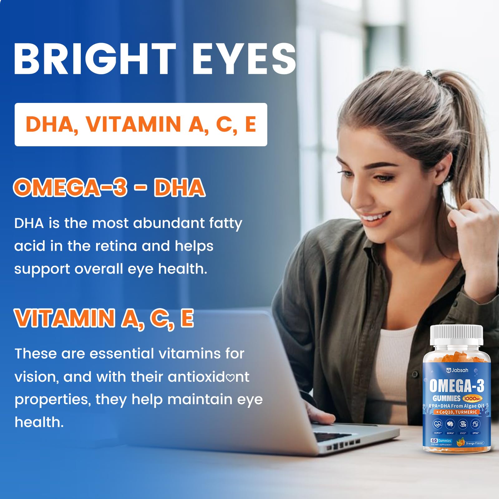 Jabsah omega-3 gummies ingredients panel emphasizing DHA and EPA ratios