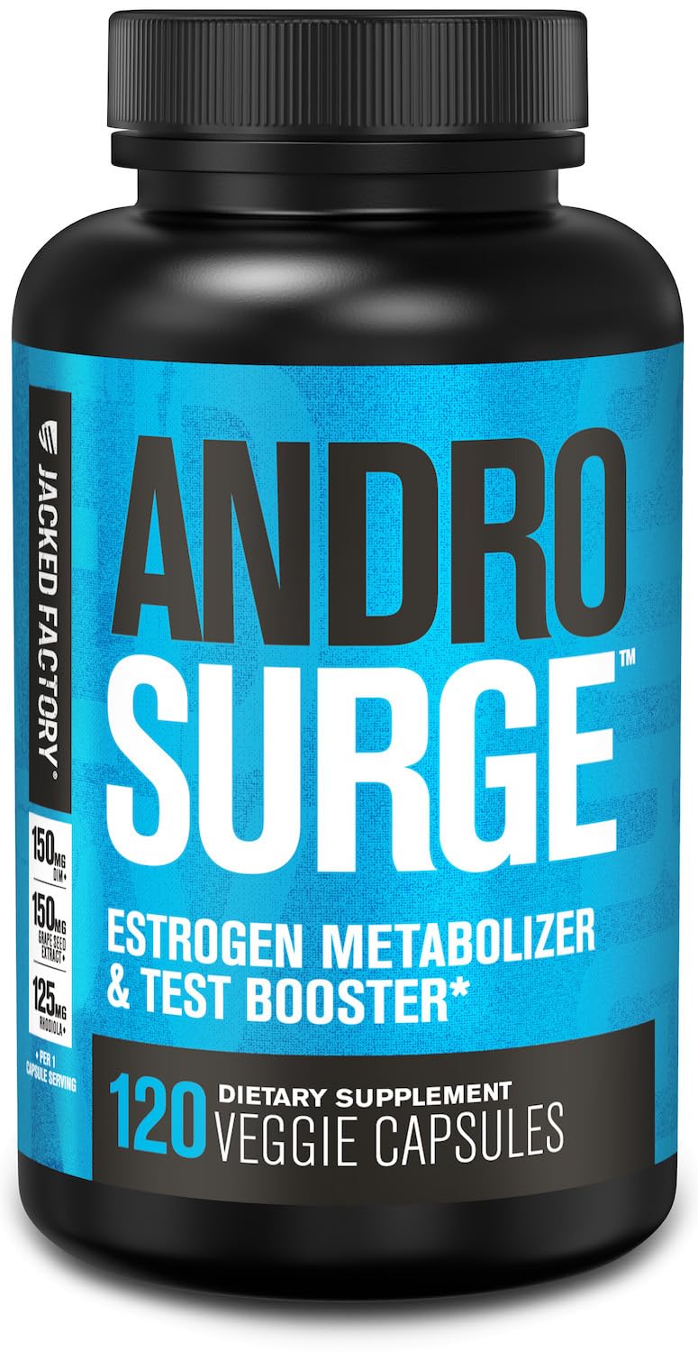 Jacked Factory Androsurge bottle front view with 120 capsules for men's energy support.