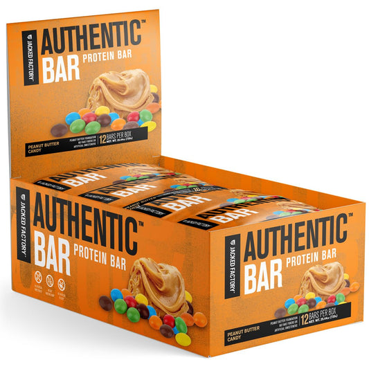 Jacked Factory Authentic Bar peanut butter flavor in package, tasty on-the-go meal replacement.