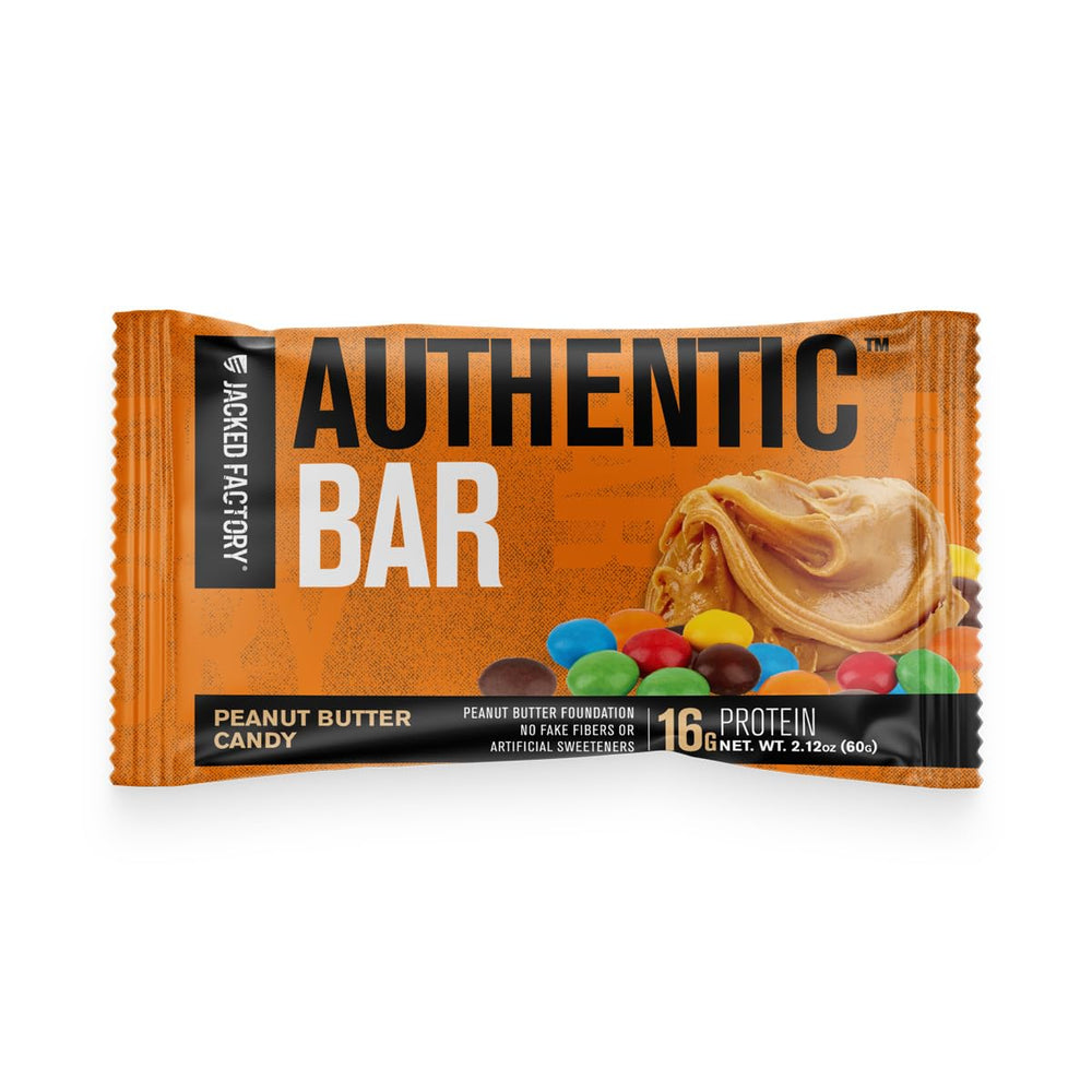 Close-up of Authentic Bar slice with chocolate chips and peanut butter, highlighting real-food ingredients.