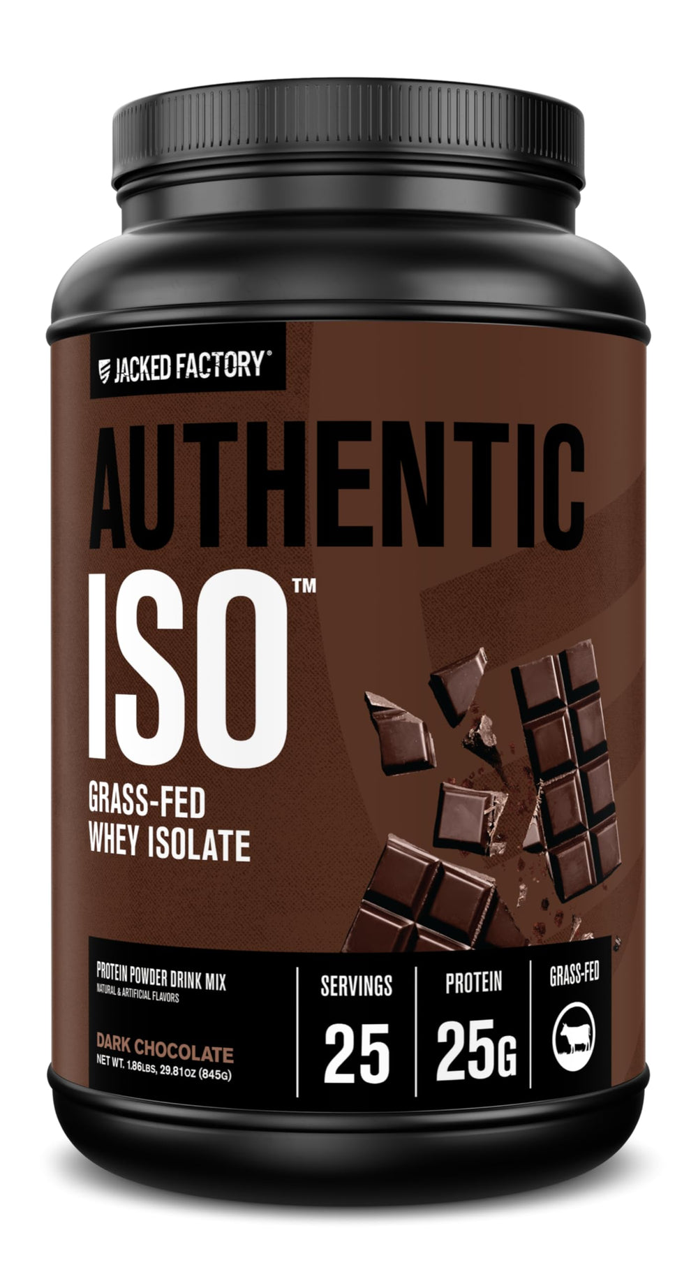 Jacked Factory Authentic ISO grass-fed whey protein container front label highlighting premium protein